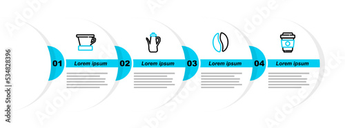 Set line Coffee cup to go, beans, Teapot and V60 coffee maker icon. Vector