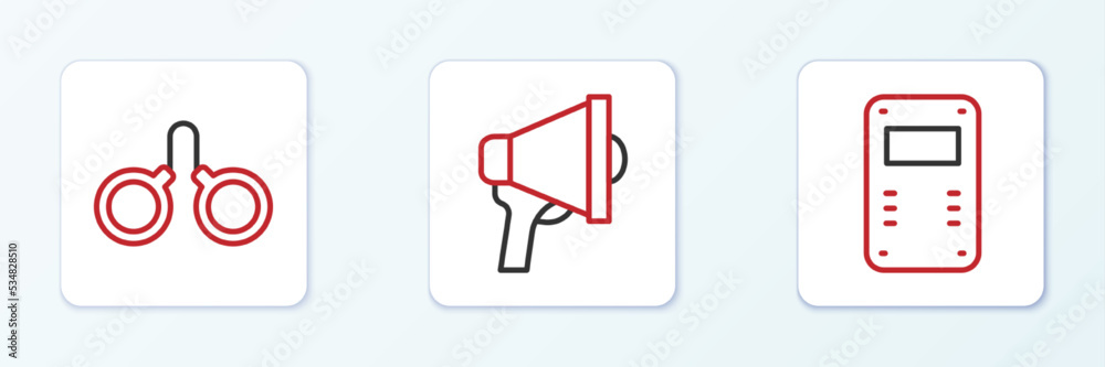 Set line Police assault shield, Handcuffs and Megaphone icon. Vector Set line Police assault shield, Handcuffs and Megaphone icon. Vector