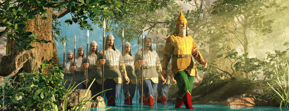 Medieval Knights Come Out Of The Waterfall In Formation And Go Forward Through Sun. Portrait Of Mighty Warriors, King, Heroes, Soldier In War, Conquest, Crusade. Dramatic Cinematic Scene. 3D rendering
