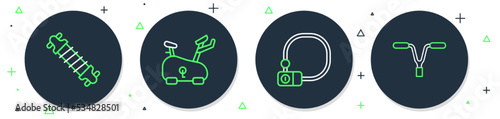 Set line Stationary bicycle, Bicycle lock, suspension and handlebar icon. Vector