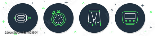 Set line Stopwatch, Cycling shorts, Bicycle pedal and speedometer icon. Vector