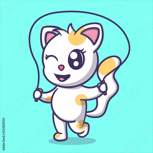 cute cat playing jump rope cartoon vector icon illustration