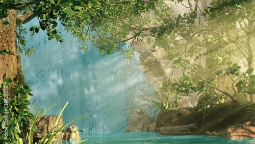 Cinematic video of the waterfall landscape. Tranquil landscape of nature for relaxing in the background. Beautiful mountain waterfall in jungle forest. Seamless Loop 3d animation, CGI VFX