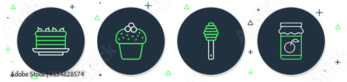 Set line Cake, Honey dipper stick, and Jam jar icon. Vector