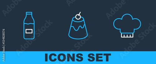 Set line Chef hat, Bottle with milk and Pudding custard icon. Vector