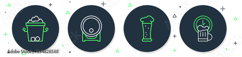 Set line Wooden barrel on rack, Glass of beer, Ice bucket and Happy hour icon. Vector