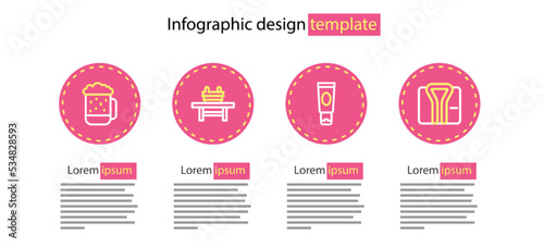Set line Cream or lotion cosmetic tube, Bathrobe, Sauna bench with bucket and Wooden beer mug icon. Vector
