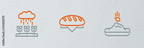 Set line Seed, Plant sprouts grow in the rain and Bread loaf icon. Vector