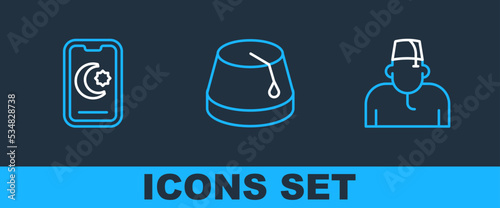 Set line Muslim man, Star and crescent and Turkish hat icon. Vector