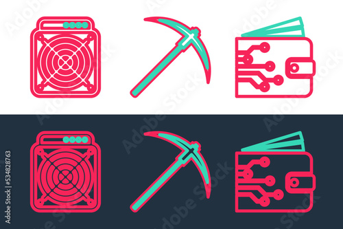 Set line Cryptocurrency wallet, ASIC Miner and Pickaxe icon. Vector