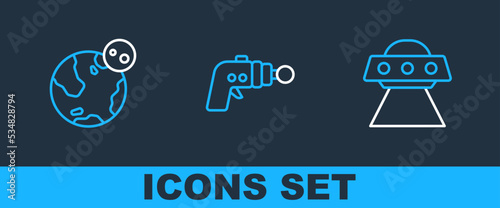 Set line UFO flying spaceship, Earth globe and Ray gun icon. Vector