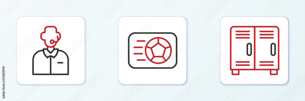 Set line Locker or changing room, Football soccer commentator and Soccer football icon. Vector Set line Locker or changing room, Football soccer commentator and Soccer football icon. Vector