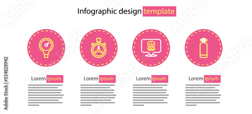 Set line Scallop sea shell, Aqualung, Stopwatch and Gauge scale icon. Vector