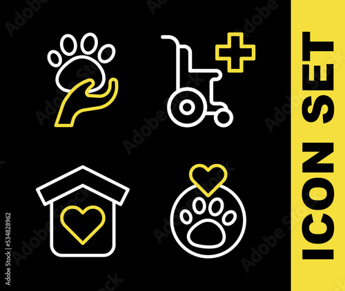 Set line Wheelchair for disabled person, Heart with animals footprint, Shelter homeless and Animal volunteer icon. Vector