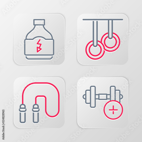 Set line Dumbbell  Jump rope  Gymnastic rings and Sports nutrition icon. Vector