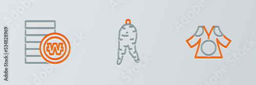 Set line Kimono, South Korean won coin and Ginseng root icon. Vector
