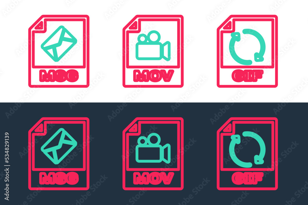 Set line GIF file document, MSG and MOV icon. Vector Set line GIF file document, MSG and MOV icon. Vector