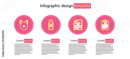 Set line Medical certificate for dog or cat, Clinical record pet, Pets vial medical and Dog icon. Vector