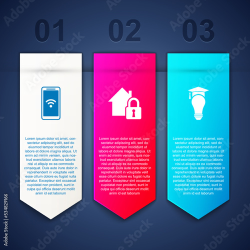 Set Mobile with wi-fi wireless, House under protection and Light bulb and graduation cap. Business infographic template. Vector