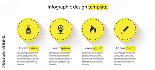 Set Ketchup bottle, Location with fire flame, Fire and Grilled shish kebab. Business infographic template. Vector