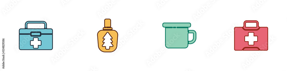 Set First aid kit, Canteen water bottle, Camping metal mug and icon. Vector Set First aid kit, Canteen water bottle, Camping metal mug and icon. Vector
