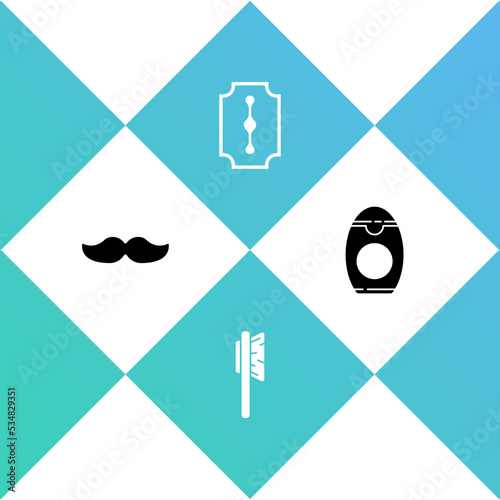 Set Mustache, Hairbrush, Blade razor and Bottle of shampoo icon. Vector
