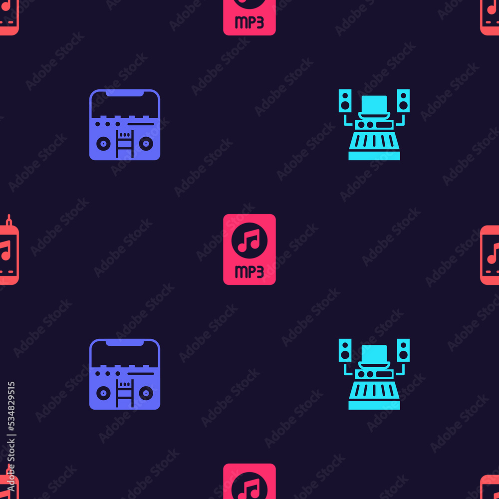 Set Music recording studio, Home stereo with speakers, MP3 file document and player on seamless pattern. Vector Set Music recording studio, Home stereo with speakers, MP3 file document and player on seamless pattern. Vector