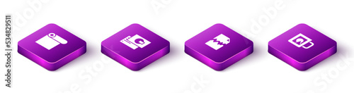 Set Isometric Roll of paper, Business card, Torn document and Coffee cup icon. Vector
