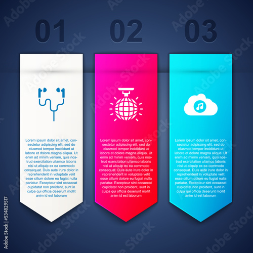 Set Air headphones, Disco ball and Music streaming service. Business infographic template. Vector