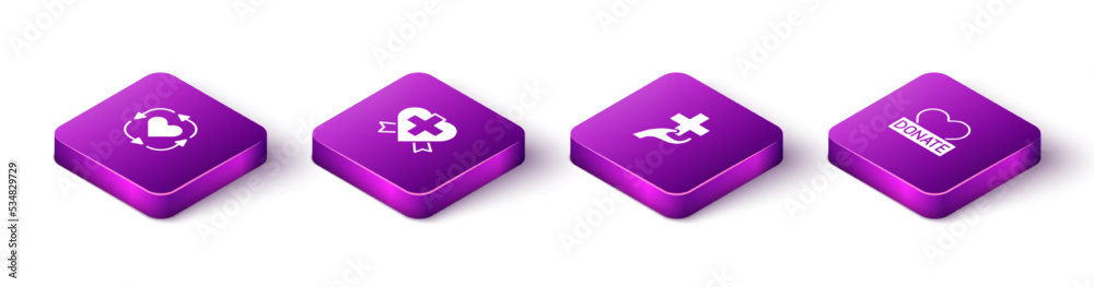 Set Isometric Volunteer, Heart with cross, and Donation and charity icon. Vector Set Isometric Volunteer, Heart with cross, and Donation and charity icon. Vector