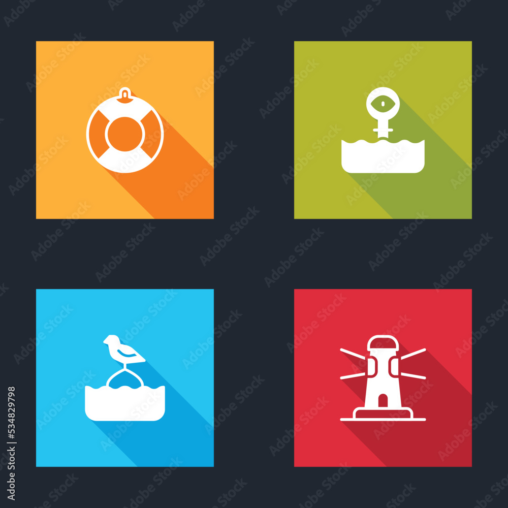 Set Lifebuoy, Periscope, Seagull sits on a and Lighthouse icon. Vector Set Lifebuoy, Periscope, Seagull sits on a and Lighthouse icon. Vector