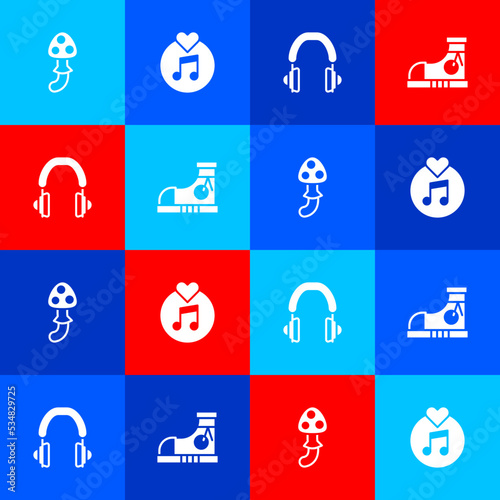 Set Psilocybin mushroom, Vinyl disk, Headphones and Sneakers icon. Vector