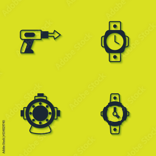 Set Fishing harpoon, Diving watch, Aqualung and icon. Vector