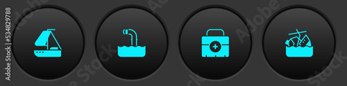 Set Yacht sailboat, Periscope, First aid kit and Sinking cruise ship icon. Vector