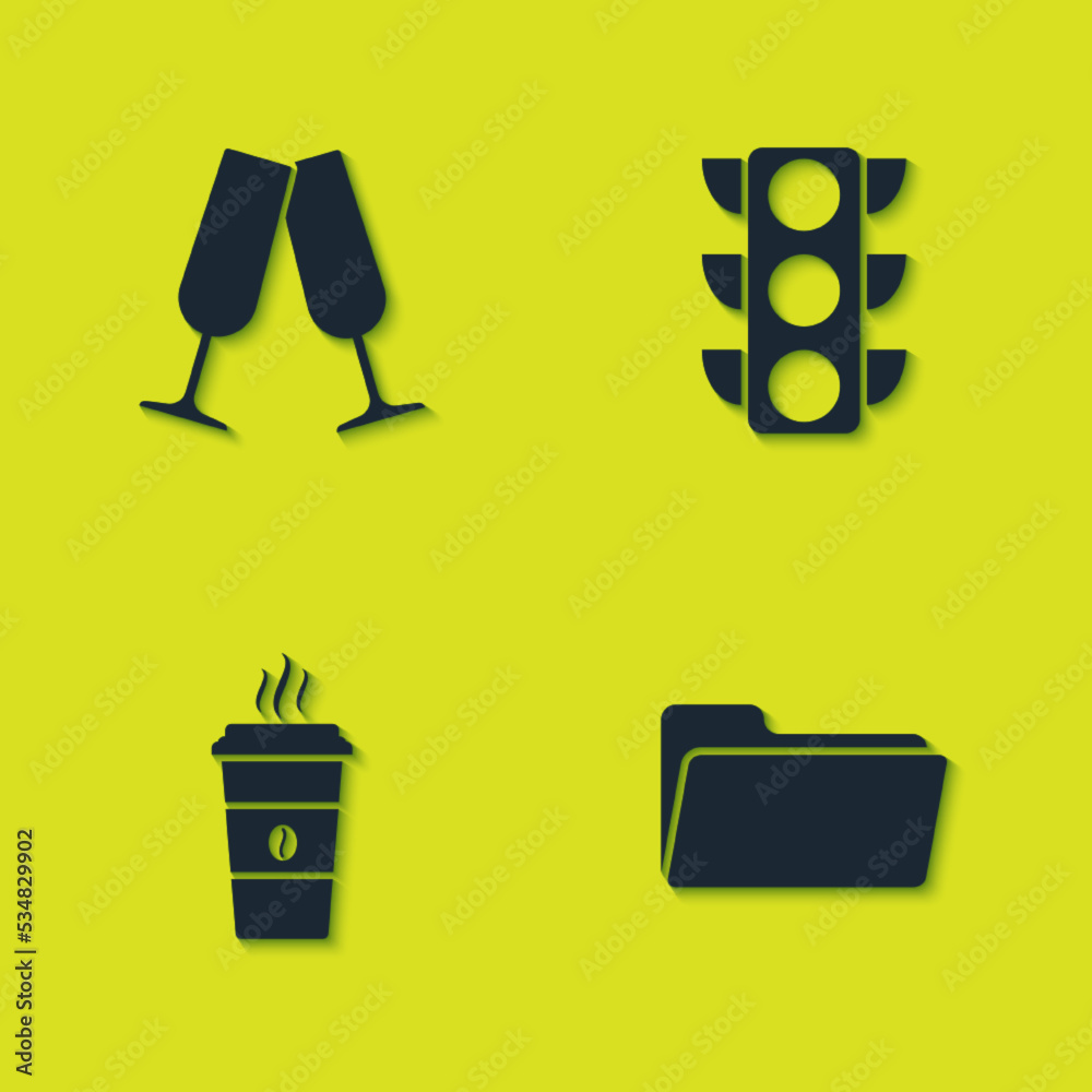 Set Glasses of champagne, Folder, Coffee cup and Traffic light icon. Vector Set Glasses of champagne, Folder, Coffee cup and Traffic light icon. Vector