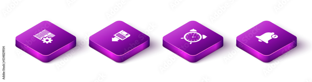 Set Isometric Server setting, Floppy disk backup, Alarm clock and Bell icon. Vector Set Isometric Server setting, Floppy disk backup, Alarm clock and Bell icon. Vector