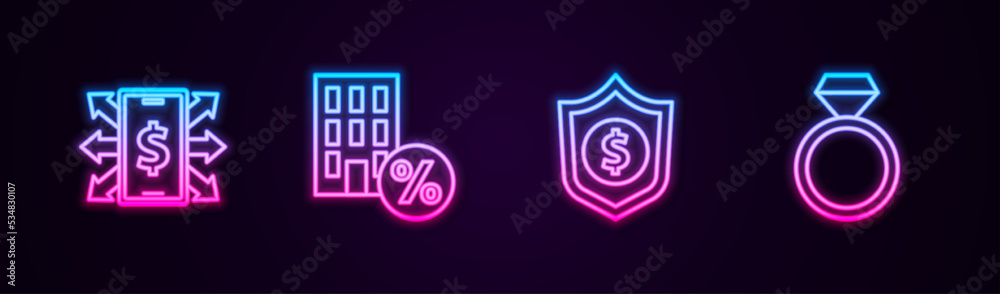 Set line Smartphone with dollar, House percant discount, Shield and Diamond engagement ring. Glowing neon icon. Vector Set line Smartphone with dollar, House percant discount, Shield and Diamond engagement ring. Glowing neon icon. Vector