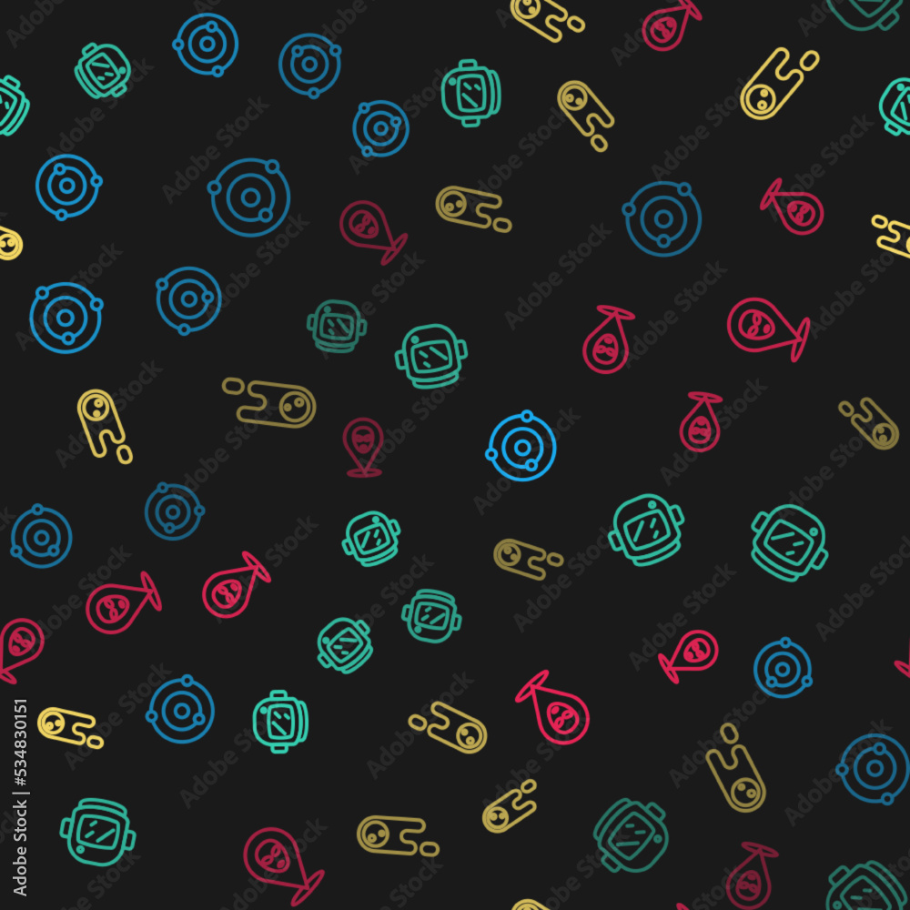 Set line Solar system, Astronaut helmet, Comet falling down fast and Alien on seamless pattern. Vector Set line Solar system, Astronaut helmet, Comet falling down fast and Alien on seamless pattern. Vector