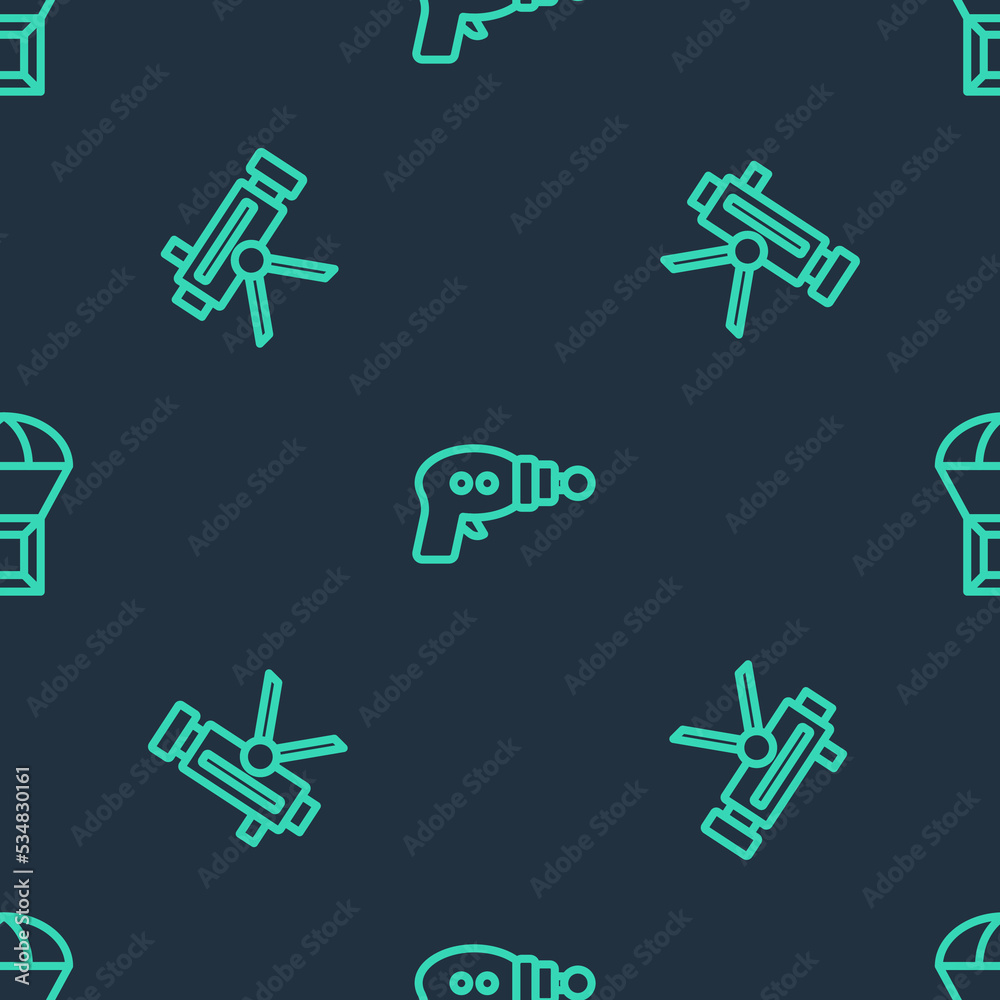 Set line Ray gun, Telescope and Box flying on parachute on seamless pattern. Vector Set line Ray gun, Telescope and Box flying on parachute on seamless pattern. Vector