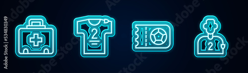 Set line First aid kit, Football jersey and t-shirt, or soccer ticket and player. Glowing neon icon. Vector