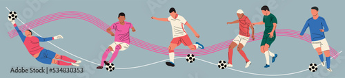 Set of diverse football player men athlete team figures. Colorful football game male players illustration collection. Includes foot ball kick pose, goalkeeper catch on isolated background. Hand drawn