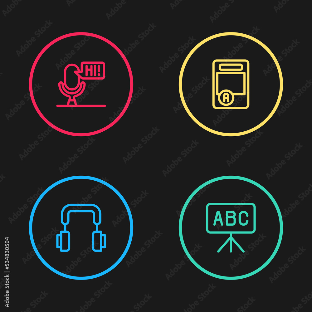 Set line Headphones, Chalkboard, Exam sheet with A plus grade and Microphone voice device icon. Vector Set line Headphones, Chalkboard, Exam sheet with A plus grade and Microphone voice device icon. Vector