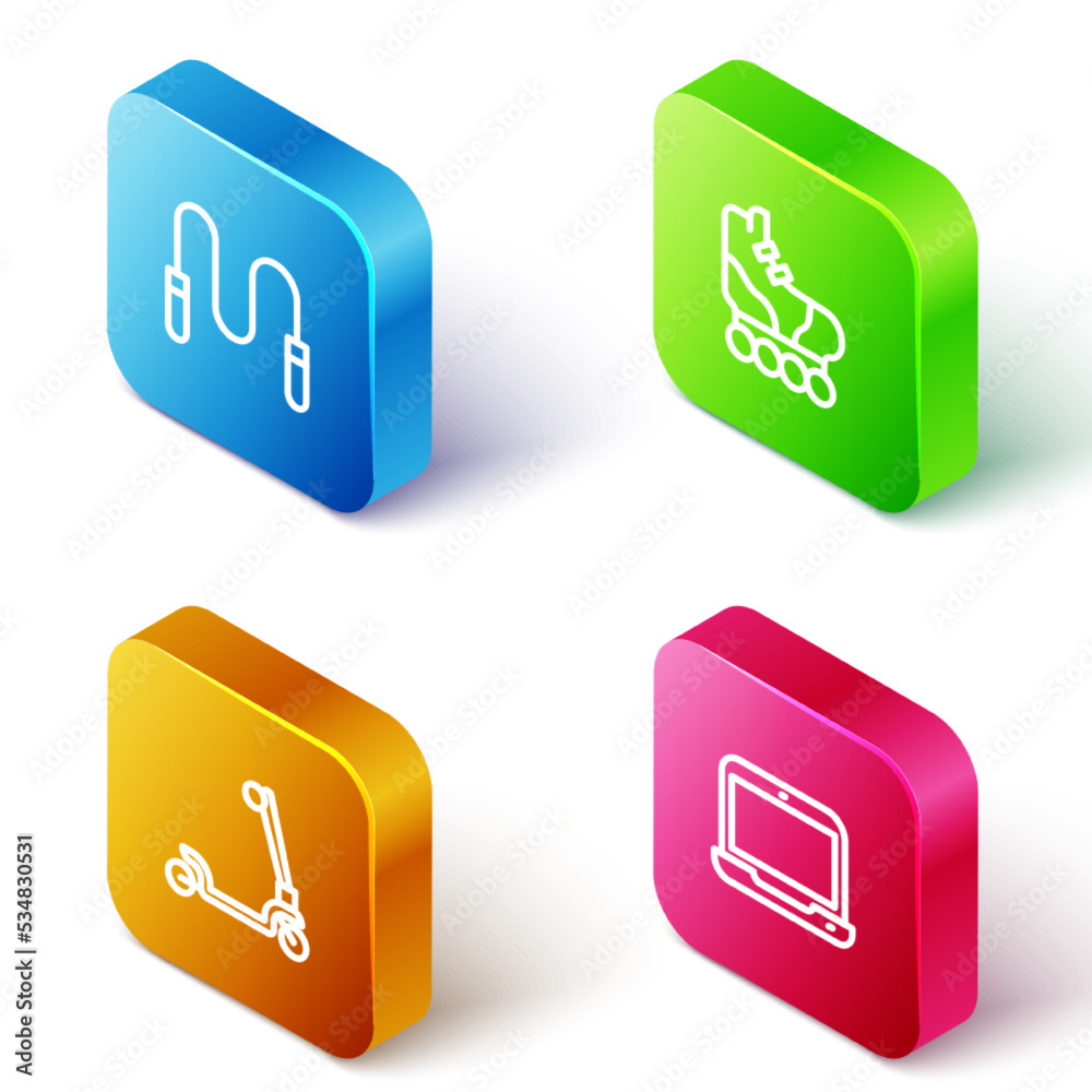 Set Isometric line Jump rope, Roller skate, scooter and Laptop icon. Vector
