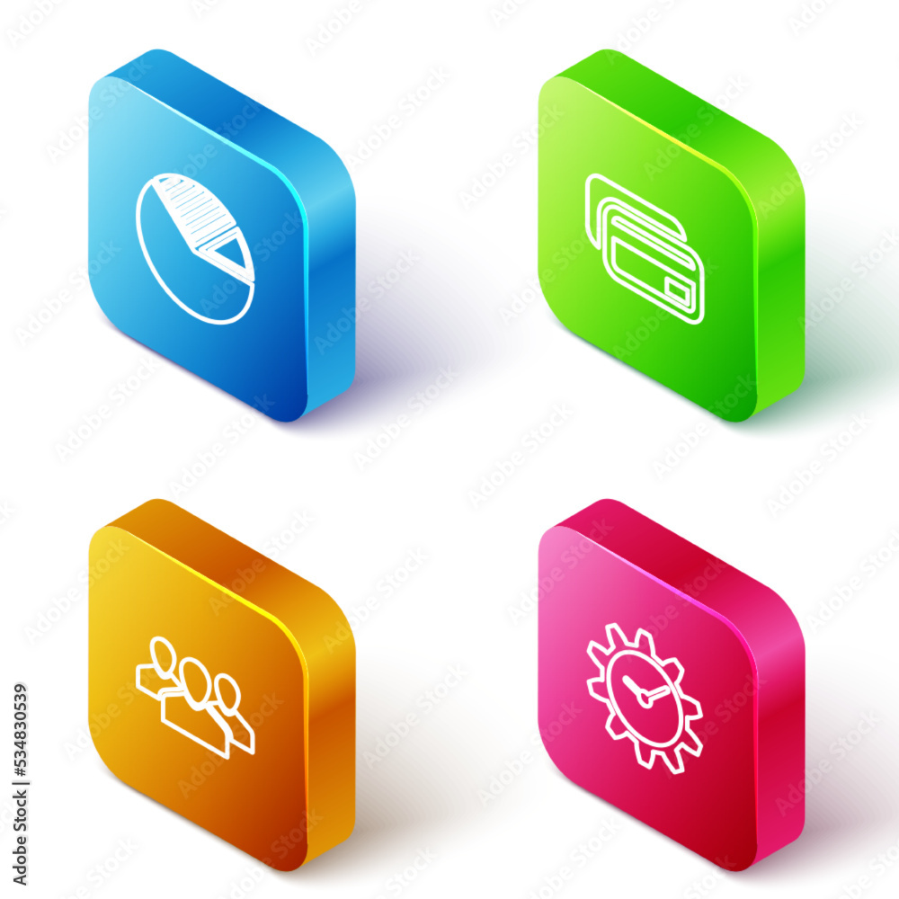 Set Isometric line Pie chart infographic, Credit card, Users group and Time Management icon. Vector Set Isometric line Pie chart infographic, Credit card, Users group and Time Management icon. Vector