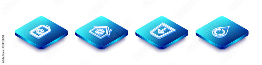 Set Isometric line Battery with recycle, Eco House recycling, Send to the trash and Recycle clean aqua icon. Vector Set Isometric line Battery with recycle, Eco House recycling, Send to the trash and Recycle clean aqua icon. Vector