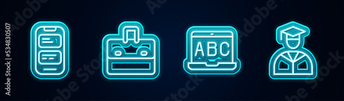Set line Online translator, Briefcase, Foreign language online study and Graduate and graduation cap. Glowing neon icon. Vector