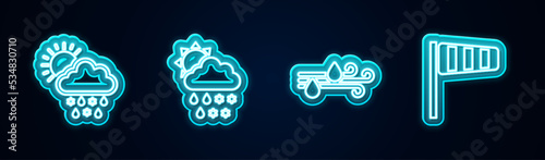 Set line Cloud with snow, rain, sun, , Wind and and Cone windsock wind vane. Glowing neon icon. Vector