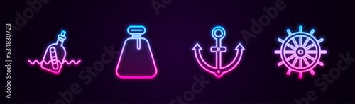 Set line Bottle with message in water, Pirate sack, Anchor and Ship steering wheel. Glowing neon icon. Vector