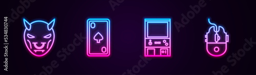 Set line Mask of the devil with horns, Playing card diamonds, Retro arcade game machine and Computer mouse gaming. Glowing neon icon. Vector