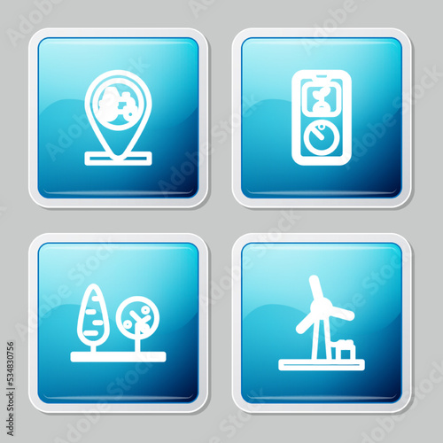 Set line Tractor and location, Smart farming technology, Trees and Wind turbine icon. Vector